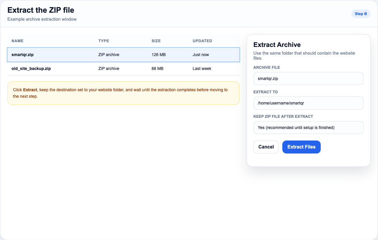 Extract archive screen in a hosting file manager