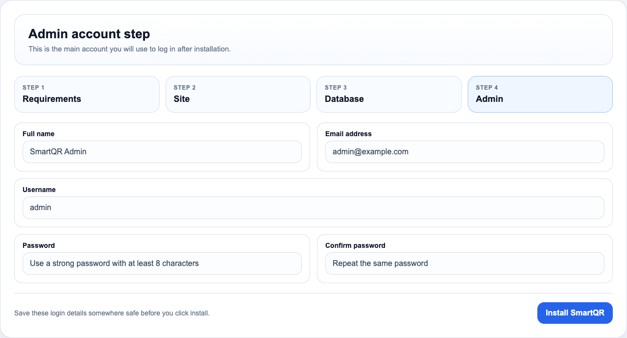 SmartQR installer admin account step