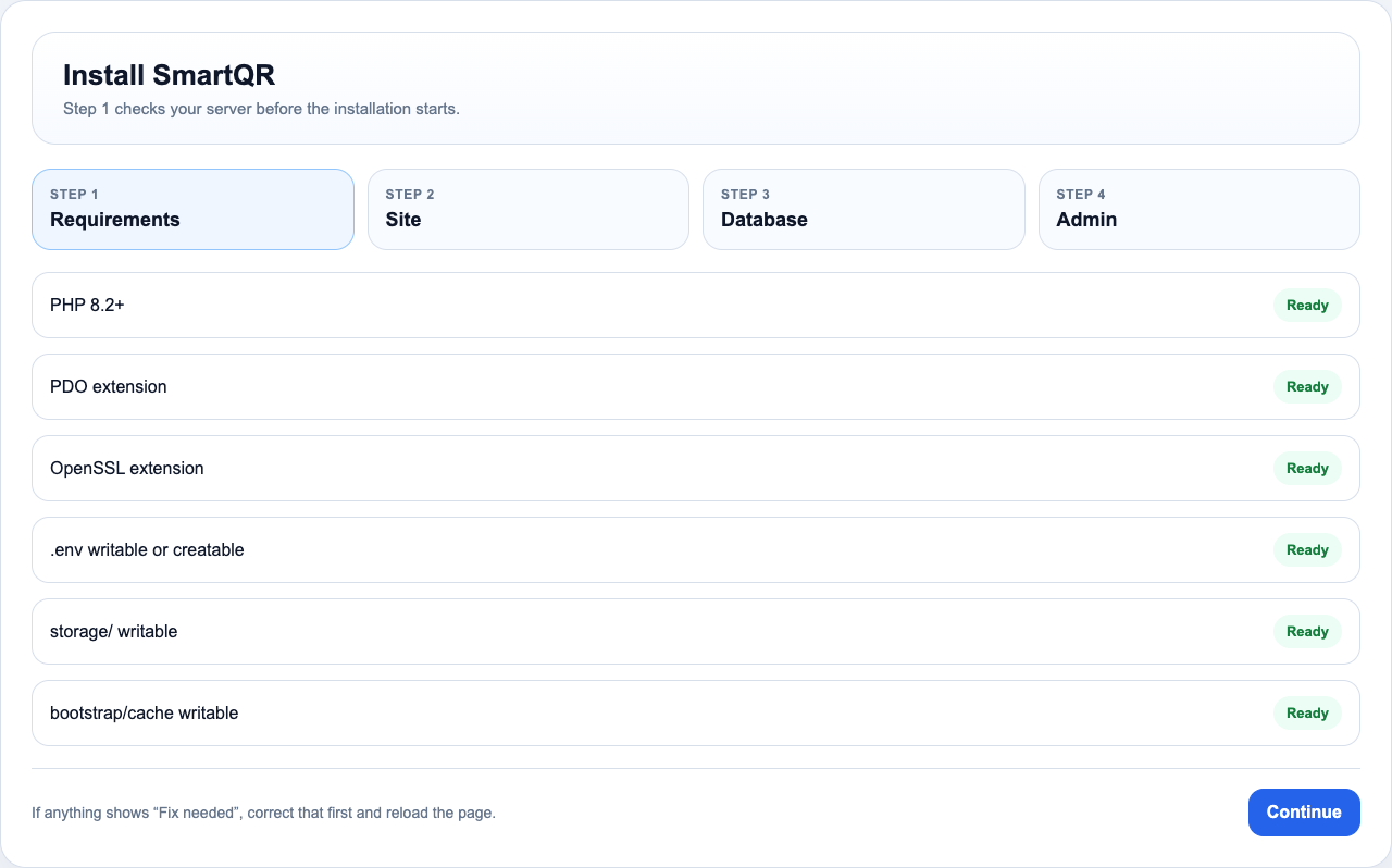 SmartQR installer requirements screen