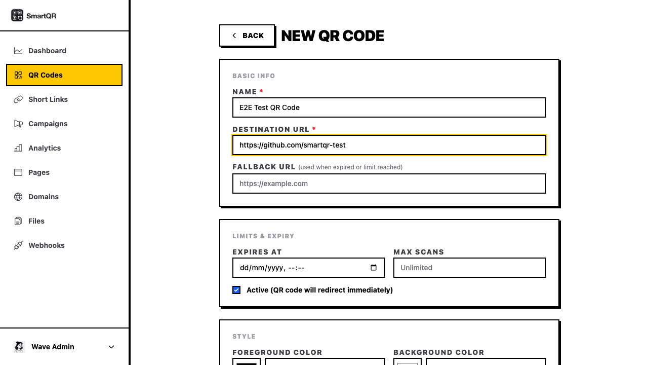 SmartQR QR code creation screen