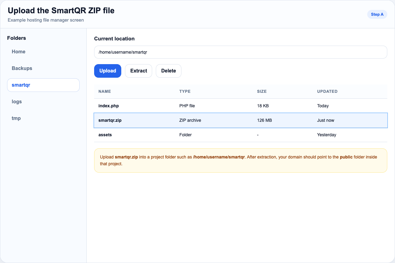Uploading the versioned SmartQR ZIP into a project folder